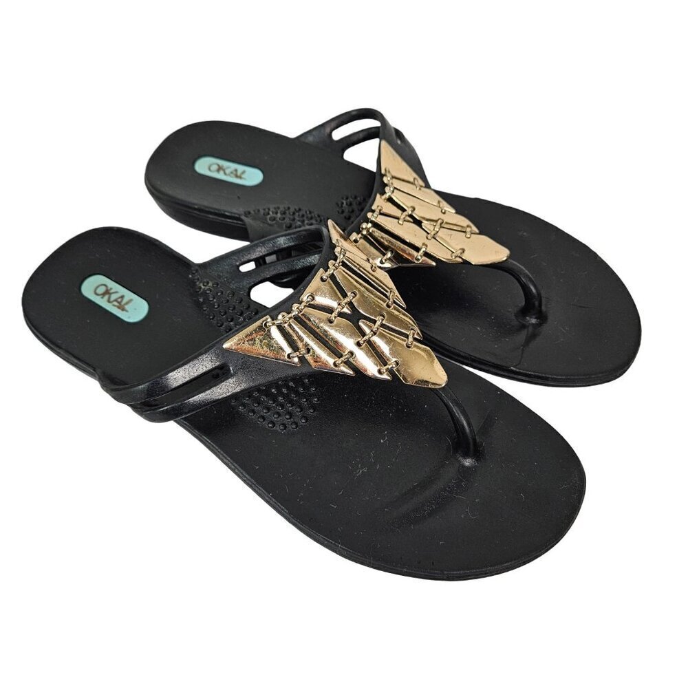 OKA b Gold Tone Metal Trim Black Flexible Flip Flop Thong Sandal M (7-8)